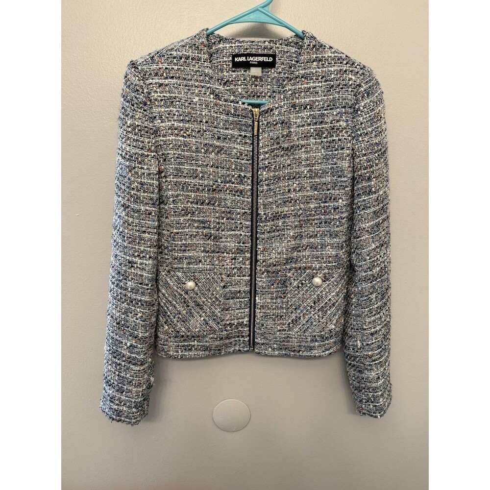Karl Lagerfeld Womens Size 2 Tweed Jacket Zip Up Pearl Detail Holidays Party